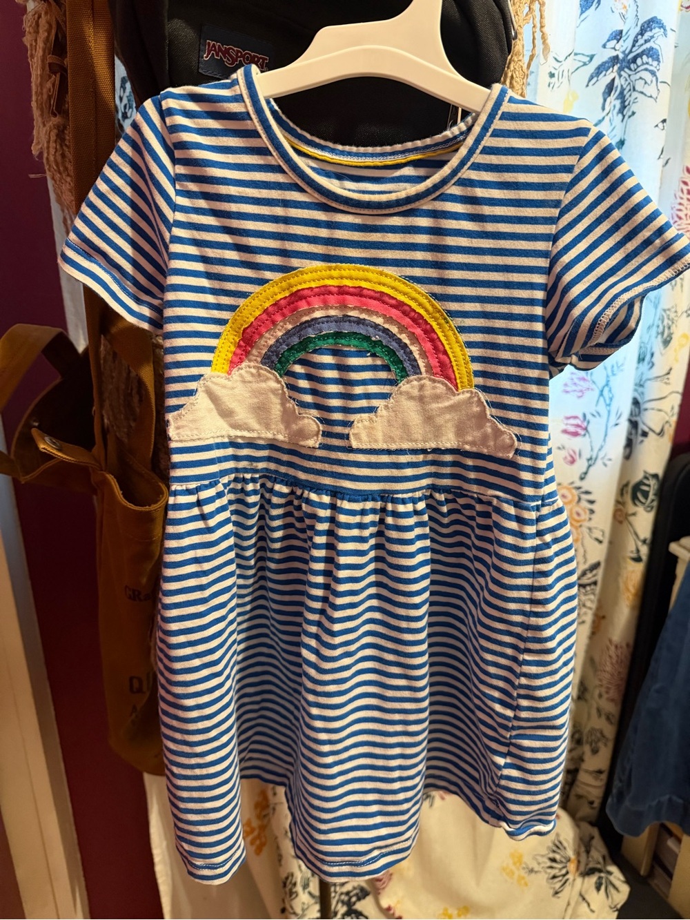 Blue & White Striped Rainbow Applique Dress